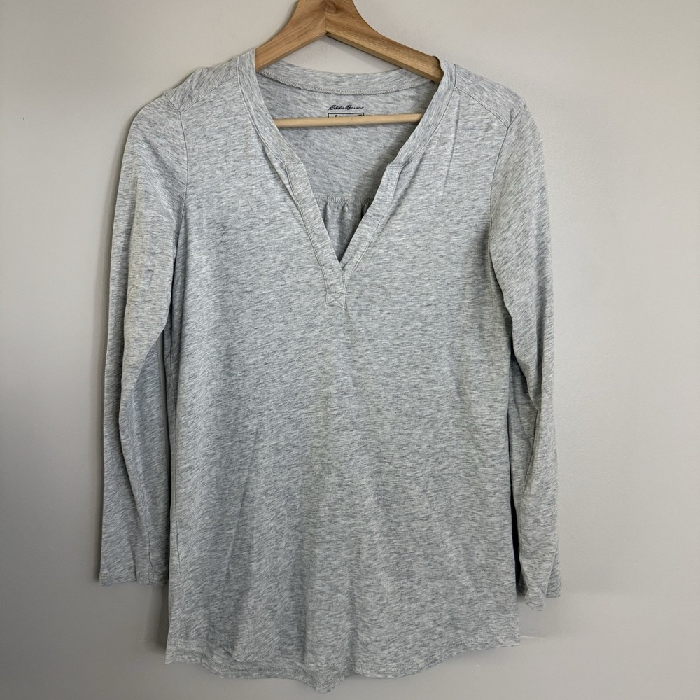 EDDIE BAUER Sz XS Solid Gray Long Sleeve V-Neck Pullover Shirt Cotton Blend‎